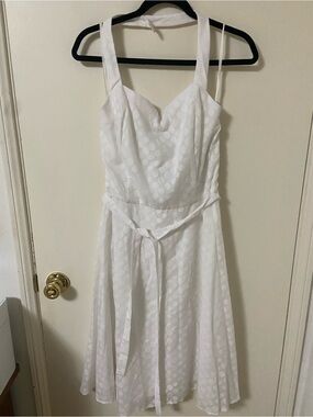 White Polka-Dot Halter Midi Dress with Tie Waist